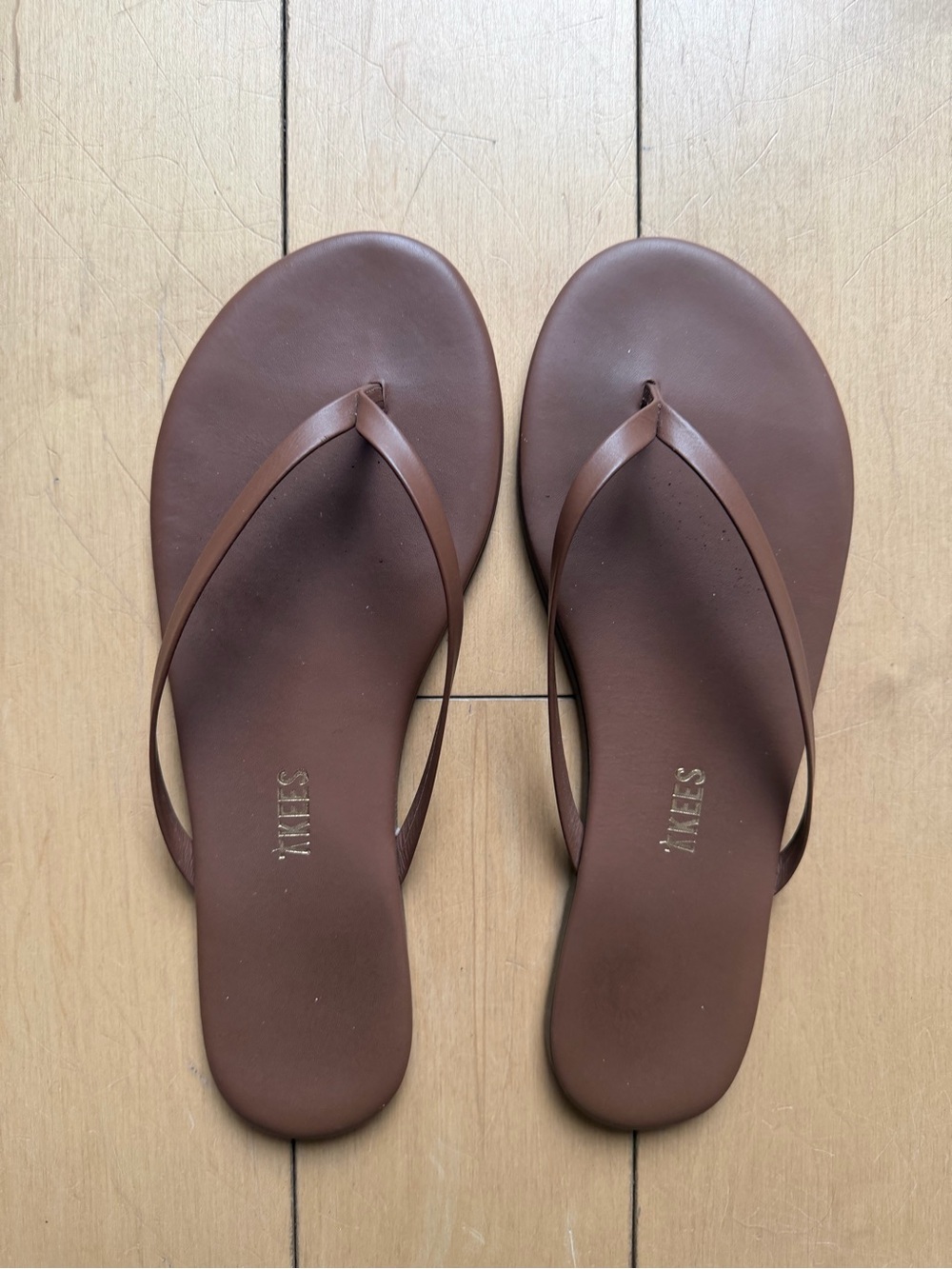 TKEES Brown Minimalist Leather Flip Flop Sandals